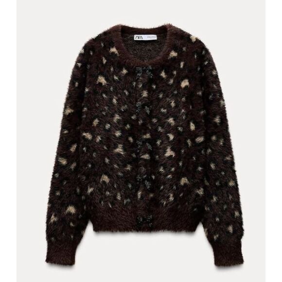 NWT ZARA jacquard leopard holiday bow cardigan, Med $79 D19 - Picture 3 of 12